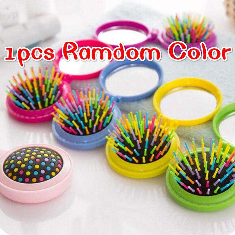 Peine plegable portátil de bolsillo redondo para niña, peine de masaje de viaje de tamaño pequeño, cepillo para el pelo con espejo, herramientas de estilismo, 7 colores, TSLM1