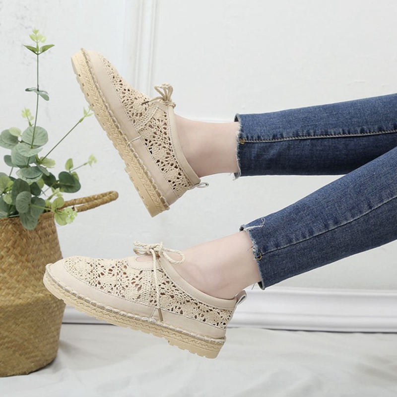 COOTELILI – chaussures plates respirantes à lacets pour femmes, Oxfords ajouré, bout rond, blanc, Beige