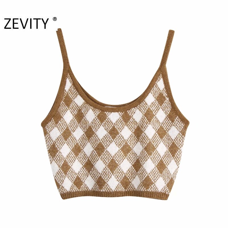 Zevity Vrouwen Vintage Geometrische Print Breien Sling Trui Vrouwelijke Basic Spaghetti Bandje Korte Vest Chic Crop Tops S456: M