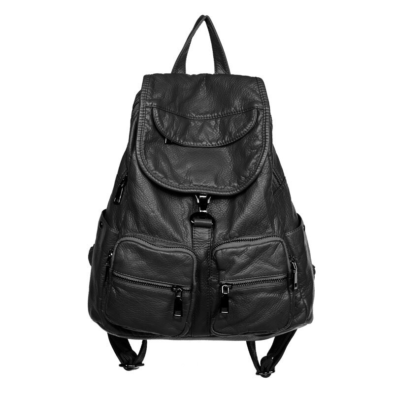 Weiche gewaschen leder rucksack für mädchen wasserdichte vintage rucksäcke frauen große multifunktions kühlen bagpack frauen: Black