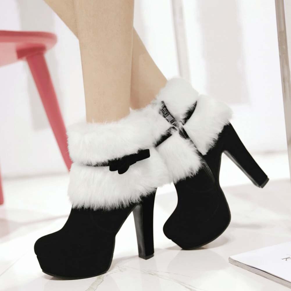 Nieuw Stijlvolle Vrouwelijke Schoenen Grote Maat 43 Platform Ronde Neus Korte Pluche Strik Ankel Spike Hakken Flock Sweet vrouwen Laarzen