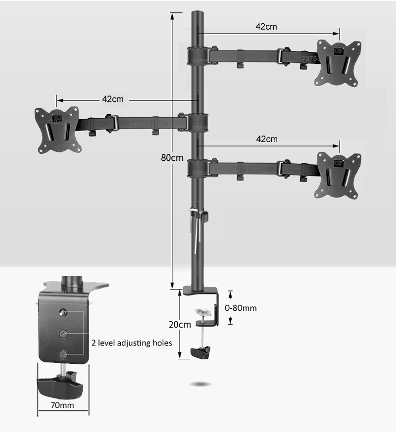 (80cm) DL-T902-380II Full Motion three Monitor desktop stand Holder 10"-27" clamp grommet hole base PC Mount foldable Arm 12kg