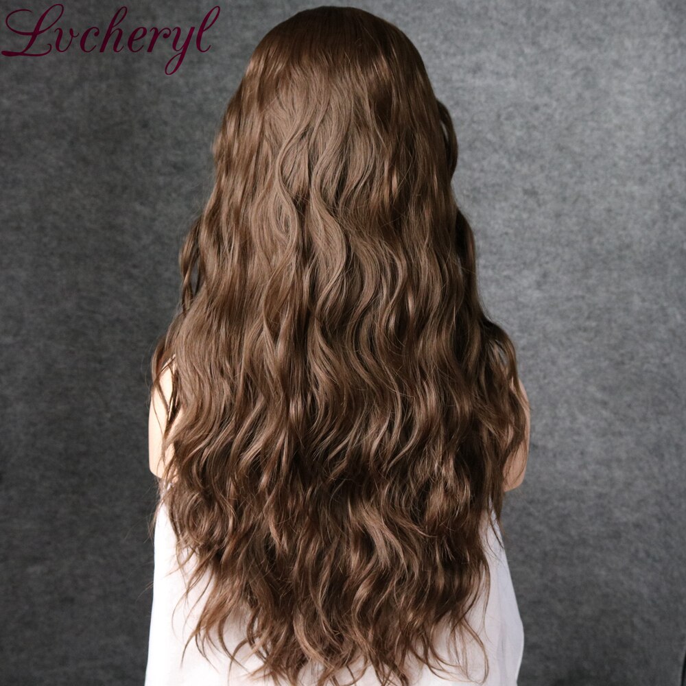 Lvcheryl Bruin Natuurlijke Lange Golvende Synthetische Lace Front Pruiken Hittebestendige Haar Pruiken Party Bruiloft Pruiken voor Vrouwen