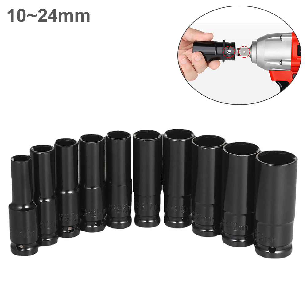 10mm-24mm 1/2" Drive Deep Impact Wrench Socket Head Adapter Hexagonal Hex Socket Head Sleeve for Pneumatic Electric Wrench Drill