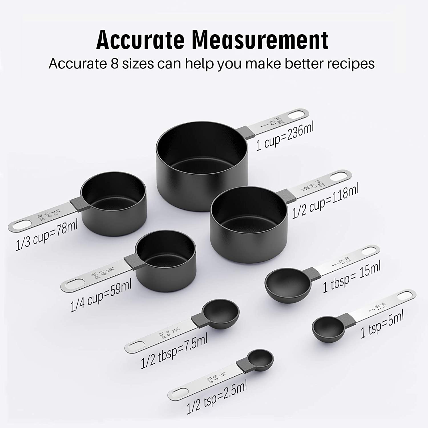 8 Pieces Plastic Measuring Cups and Spoons Set, Measure Cups with Stainless Steel Handle for Dry or Liquid Ingredient