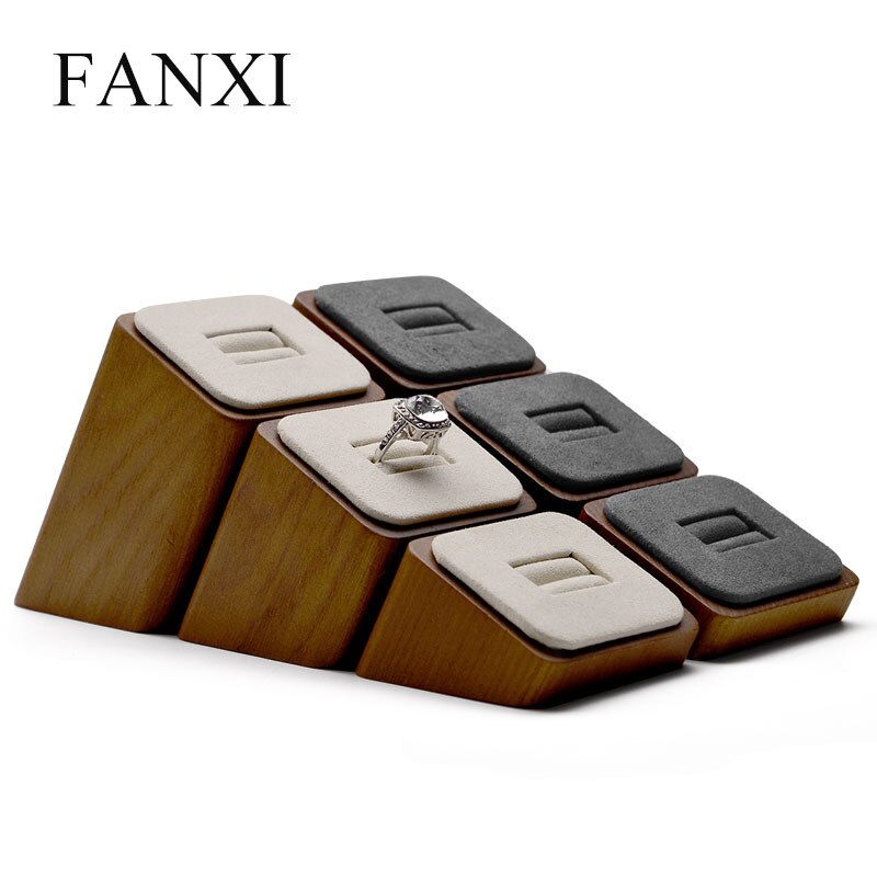 Oirlv Ring Display Set - 3 pcs Wood Jewelry Holder - Creamy-white & Dark Gray - 6x5x3.8cm
