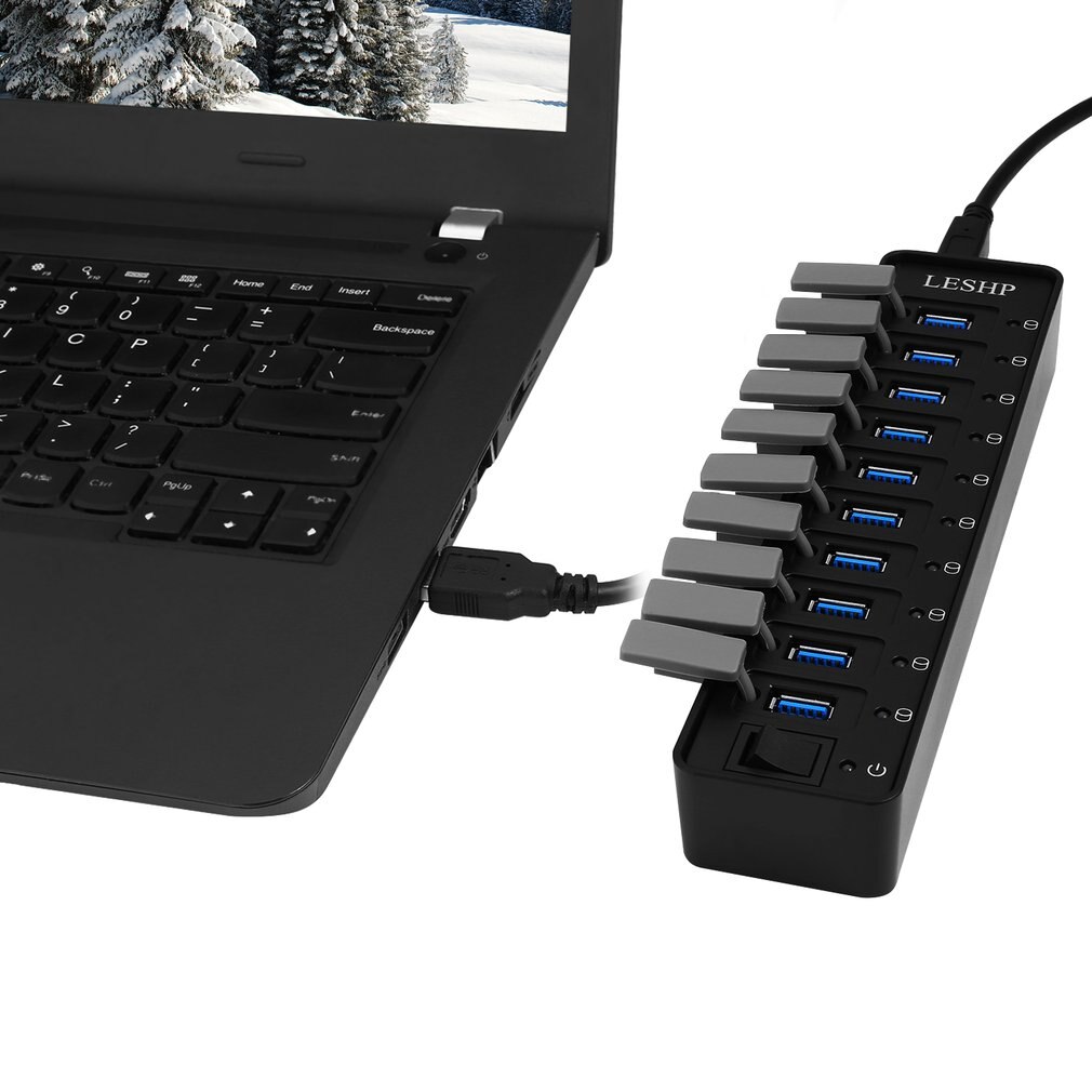 Leshp 10 Poorts Usb 3.0 Hub High Speed 5Gbps Usb 3.0 Data Hub Splitter Met Leds & Switch Externe power Adapter Voor Pc Laptop