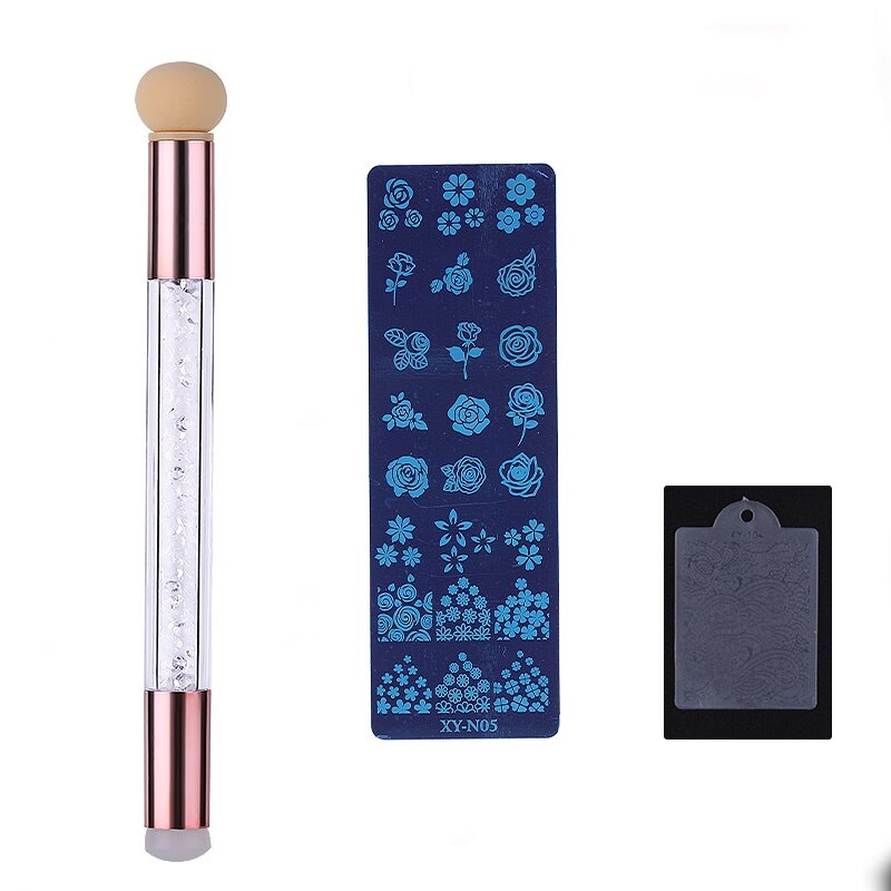 Juego de plantillas de impresión para manicura, raspador de sello de placa de acero para impresión de manicura, esponja de silicona, bolígrafo de halo, herramienta: Plata