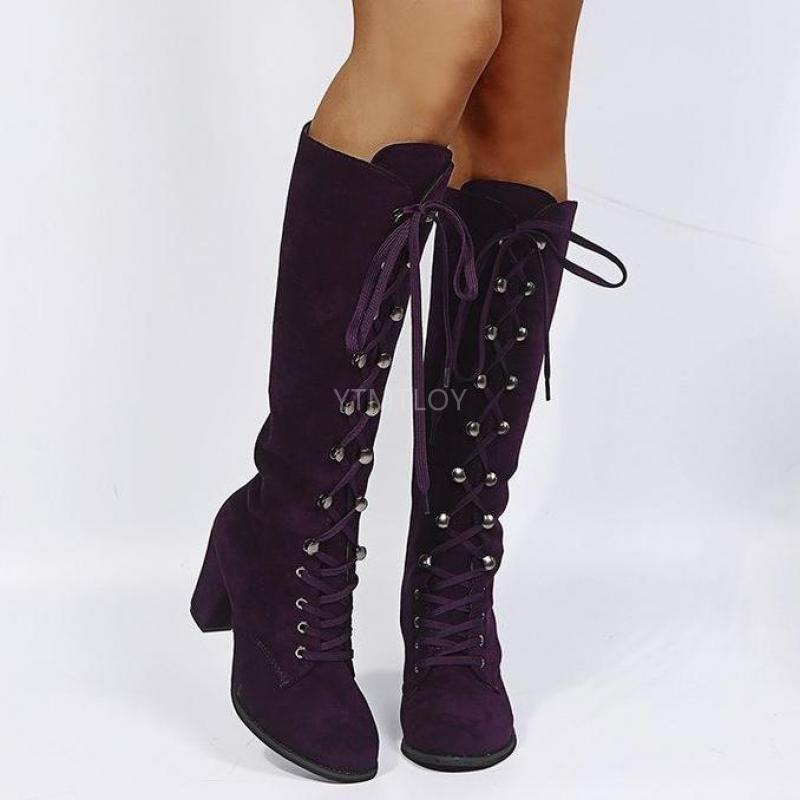 Kniehoge laarzen herfst winter lange dames hoge hakken motor dames schoenen veter ronde neus vierkante hak laarzen mujer