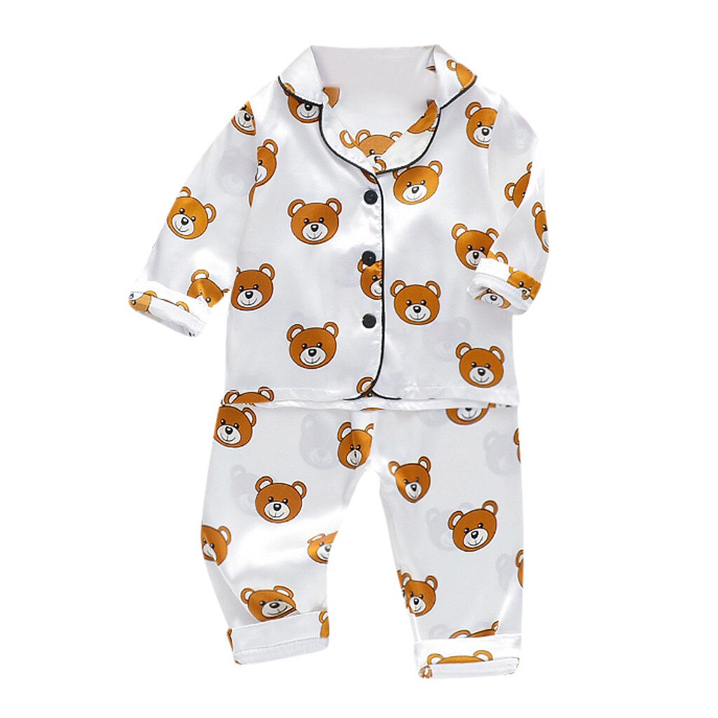 Toddler Sleepwear Outfits Boy Winter Long Sleeve Cartoon Bear Tops+Pants Pajamas Keep Warm Turn-down Collar Single Breasted D27#: WH / 12-18 Months