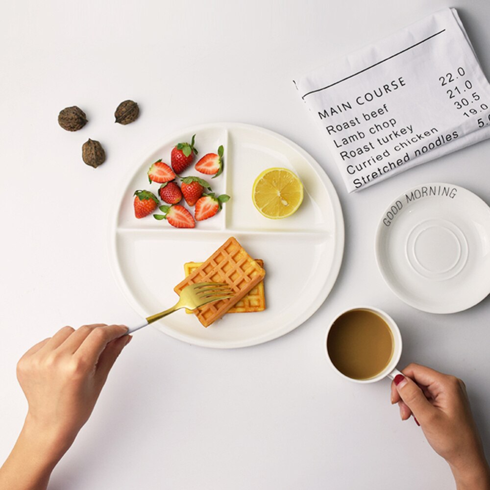 1PC Round Ceramic Plates Simple Three Compartments 10 Inches Porcelain Plate for Home Decor