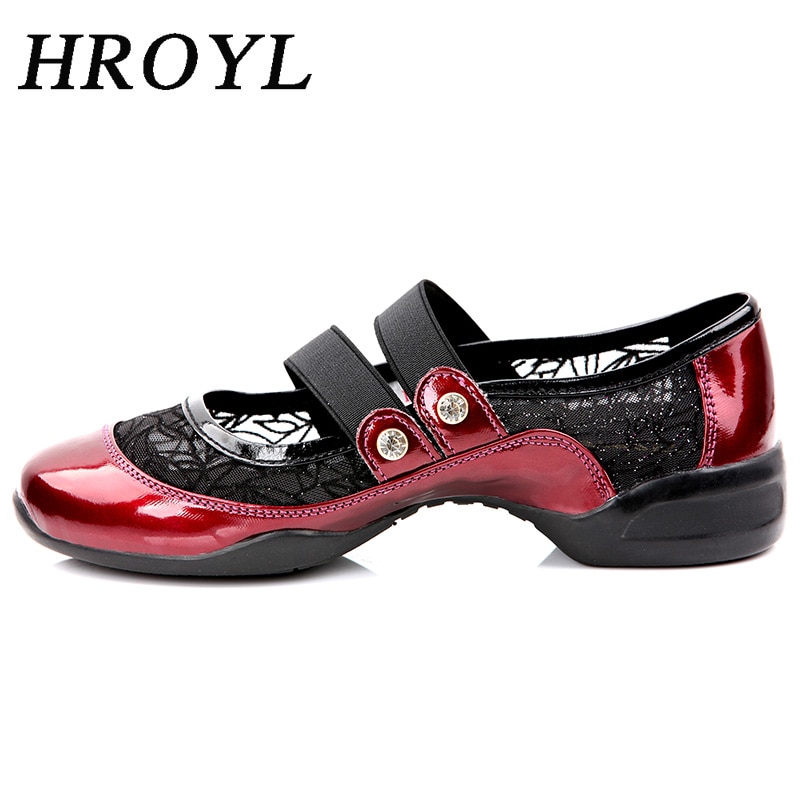 Sports Sneakers Pu+Air-Mesh Breathable Soft Dance Sneakers Elastic Shoe-Lace Performance Dancing Shoes HROYL