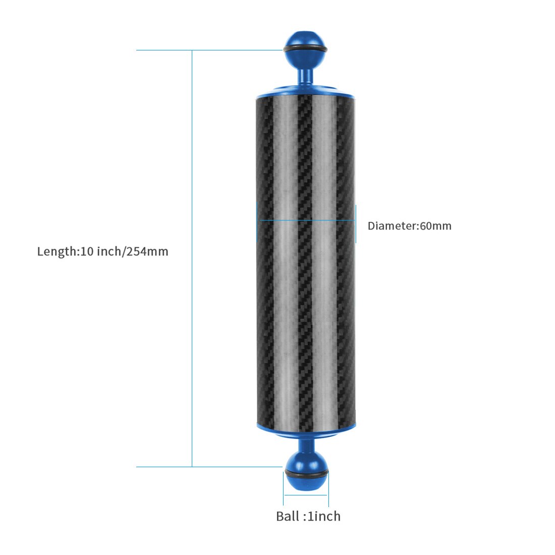 Bandeja de extensión de fibra de carbono para Gopro yi EKEN y DJI OSMO Action, flotador de brazo acuático de flotabilidad, cámara SLR de doble bola para buceo: 10inch D60mm Blue