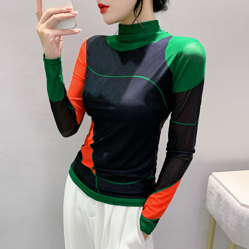 S -4xl dame efterår vinter langærmet turtleneck mesh t-shirts dame positionering print t-shirt top  ff0851