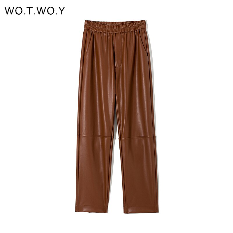 Wotwoy elastisk hög midja fleece raka skinnbyxor kvinnor löst lapptäcke konstläder byxa kvinnor fickor mujer pantalone