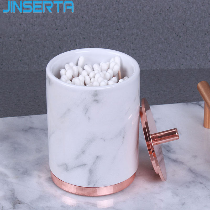 Jinserta marmoreret keramisk opbevaringsboks bomuldspindearrangør hjem tandstikkerholder luksus guld badeværelse bomuldspudeæske med låg