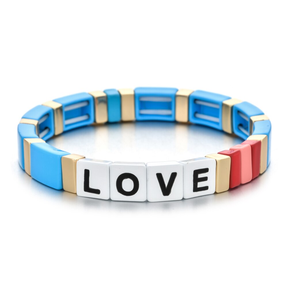 Mode Kleurrijke Regenboog Emaille Tegel Armband Vrouwen Meisjes Brief Liefde Armbanden Elasticiteit Manchet Bangles Partij Sieraden: A7