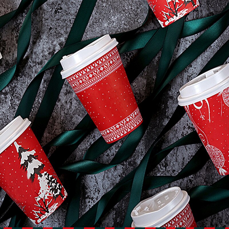 50 stk julekop 14oz 400ml røde engangs kaffekop fest kold drikke papirkop med låg takeaway pakke