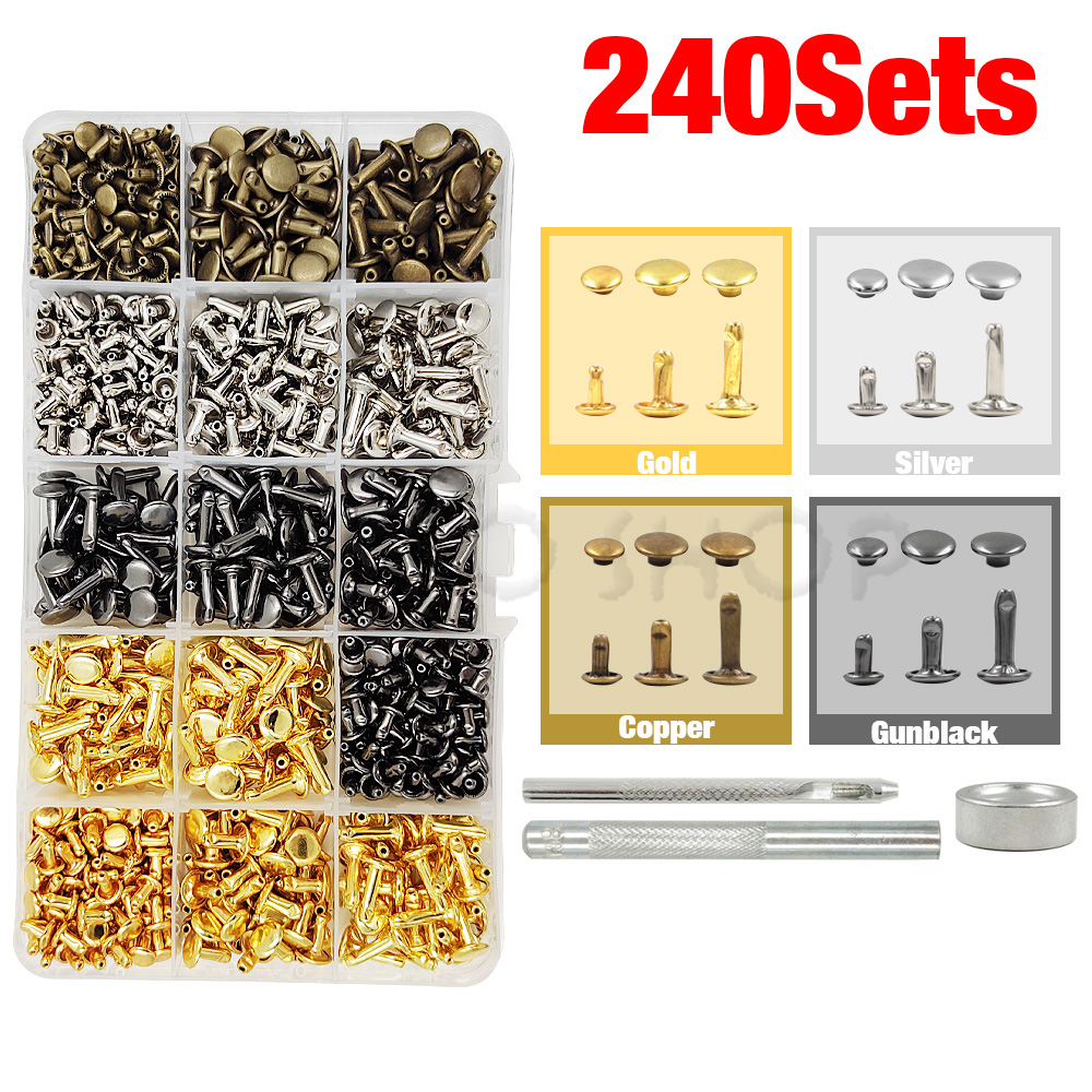 Metal Double Cap Rivets Stud Round Nail Spike With Tool Kits For Leathercraft Repair Shoes Bag Belt Clothing Garment Accessories: Antique Brass