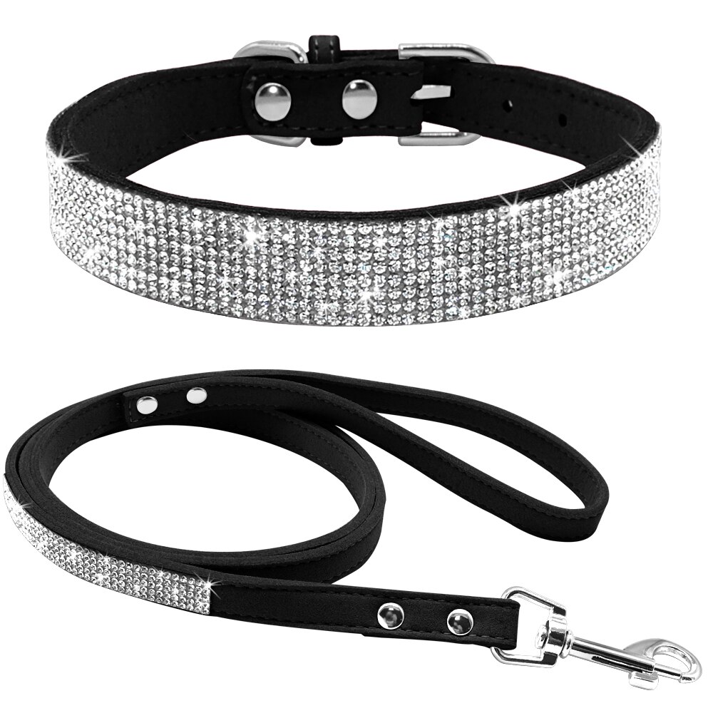 Strass hundhalsband bling kristall katt hundhalsband och koppel set djurpromenader koppel justerbar för små medelstora hundar: S / Svart