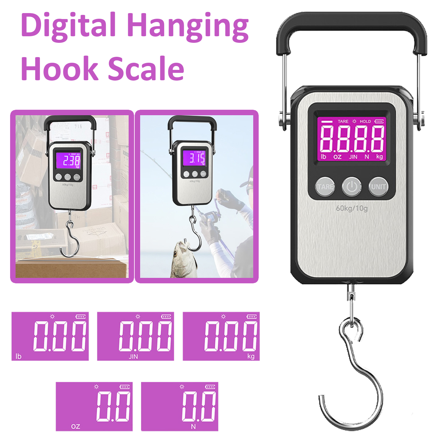 Báscula Digital con gancho para colgar, báscula portátil para equipaje con batería/carga USB, herramientas de pesaje con gancho para colgar, 60kg/10g
