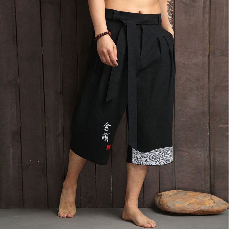 Pantalon japonais traditionnel en lin pour homme, court, kimono, vêtement de bain asiatique décontracté et ample, Yukata: L / black