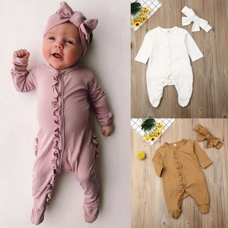 Pudcoco Mode 0-12M Pasgeboren Baby Baby Boy Meisje Katoenen Romper Lange Mouw Solid Jumpsuit Kleding Hoofdband 2 STUKS Outfit