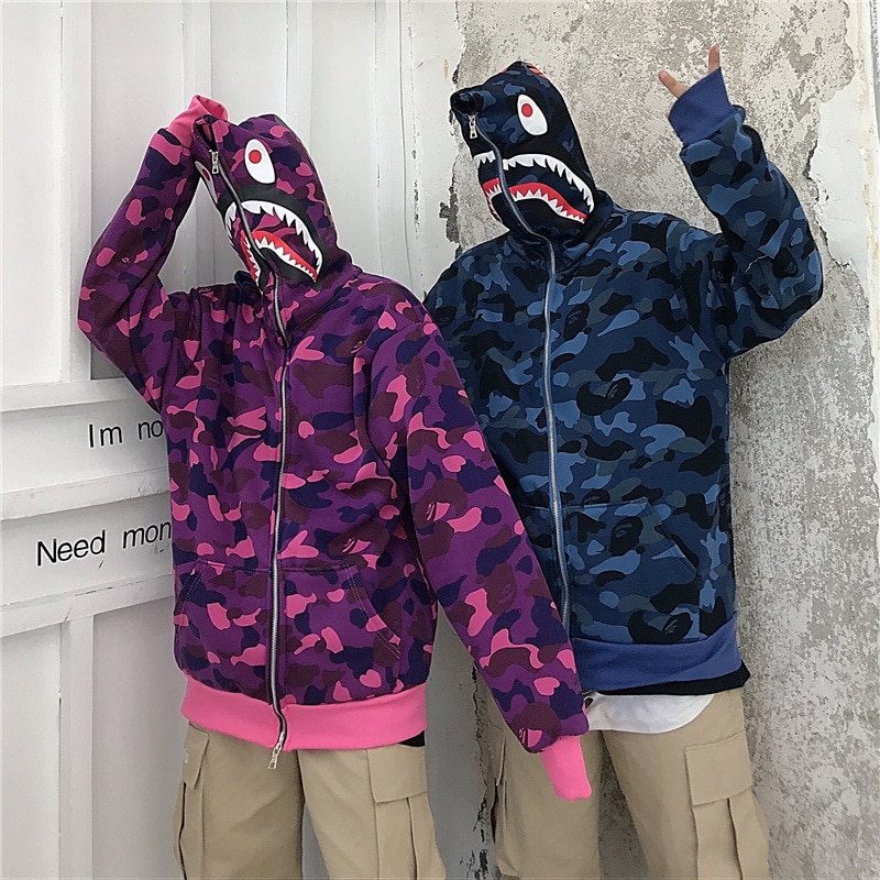 Fmzxg waitmore haj camouflage hættetrøje tilgængelig hip-hop løst par fritid løstsiddende slouchy jakke
