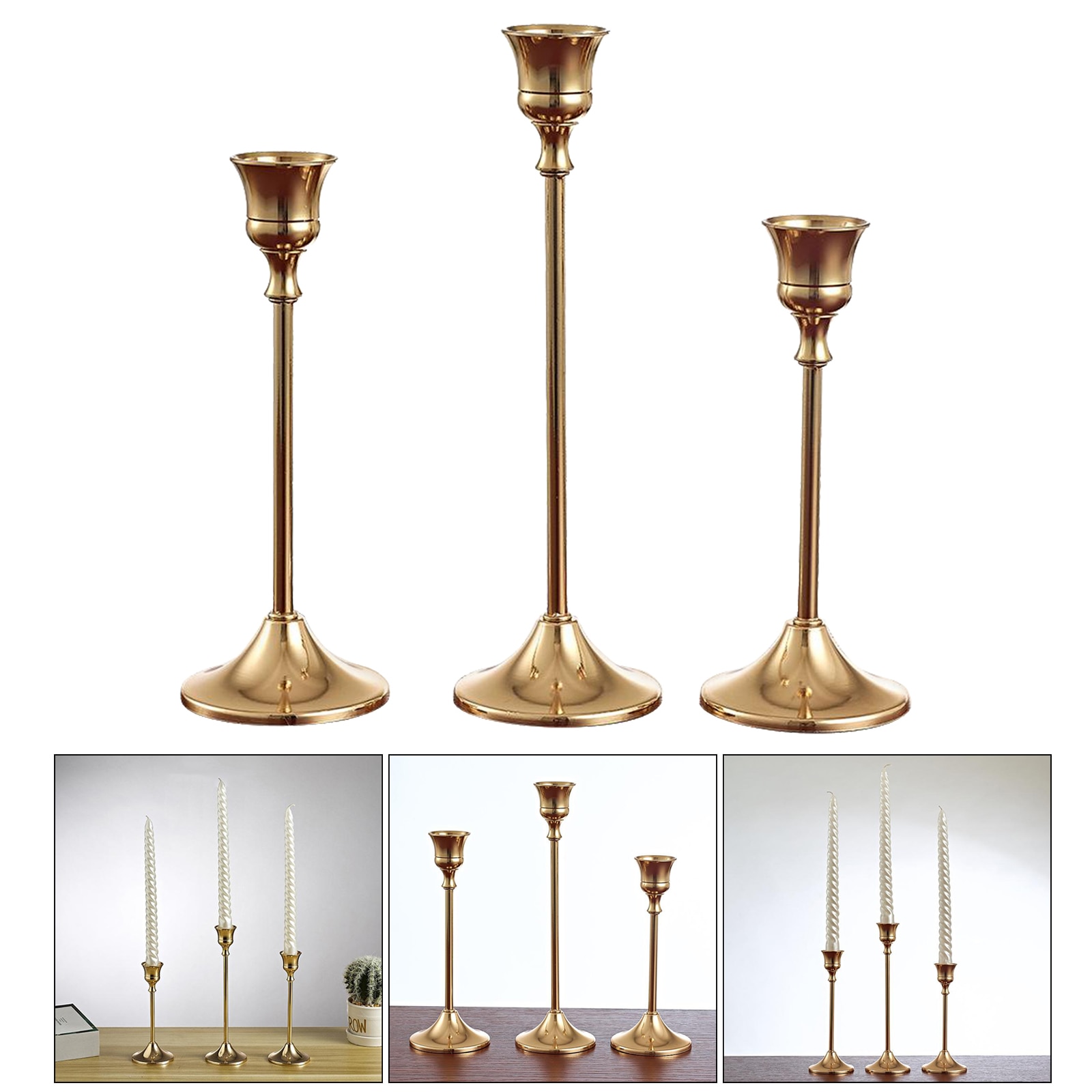 Solid Metal Candlesticks Gold Candle Holders Thin Stem 3 Size to Choose