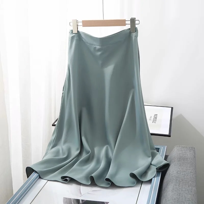 Kuihtunut kesä faldas mujer moda midi hameet naisten englanti toimisto nainen satiini korkea vyötärö yksinkertainen pitkä hame naiset