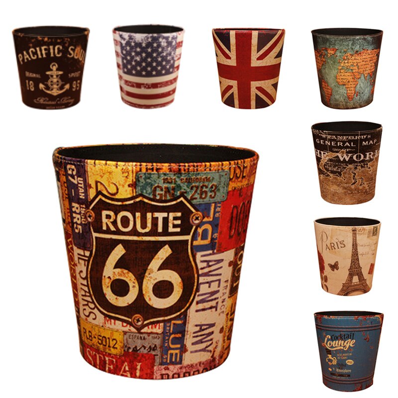 Cubo de basura de cuero PU de 27cm, papelera Retro creativa de papel para oficina, papelera Vintage sin tapa, 8 patrones
