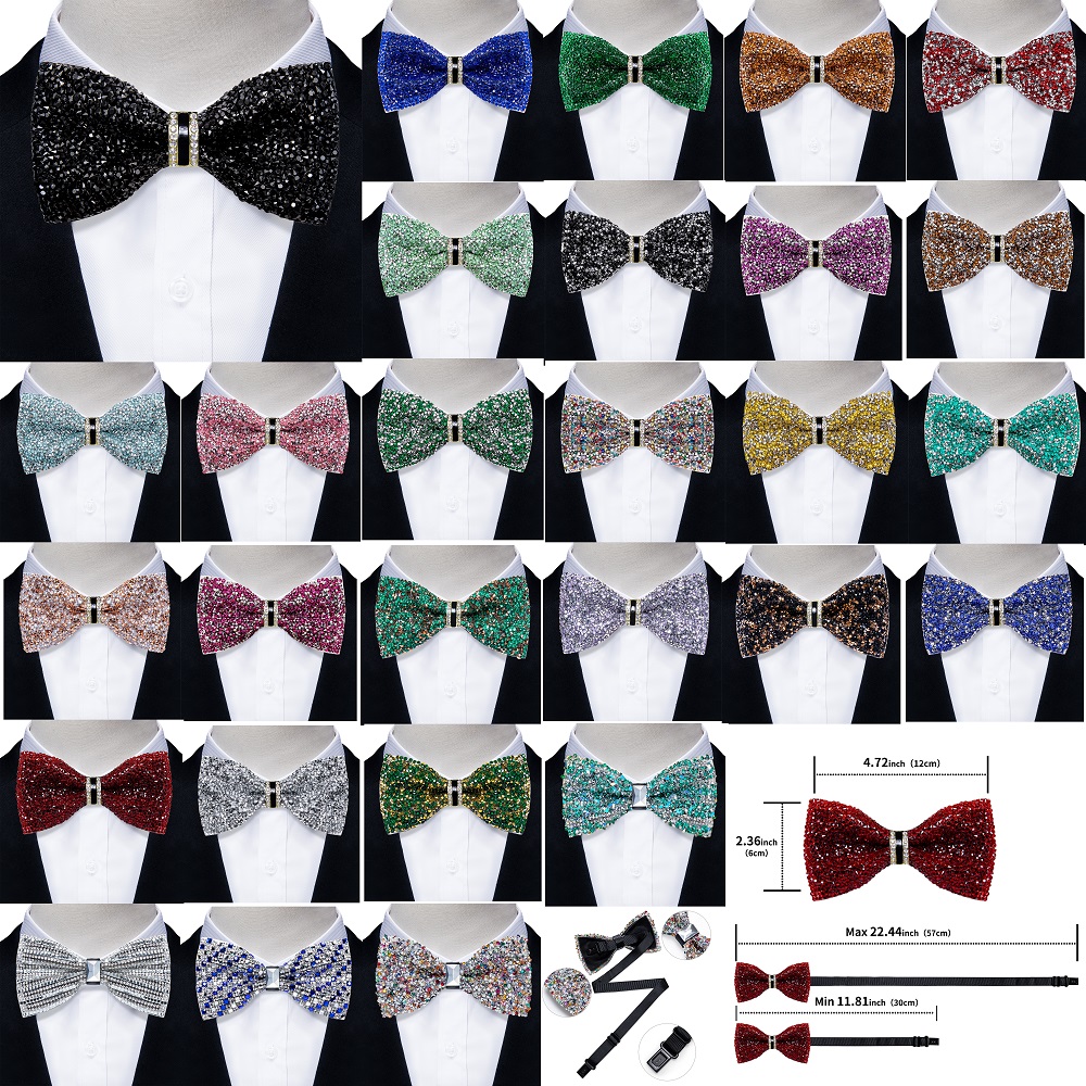 Pajaritas con diamantes de imitación brillantes para hombre, pajarita con lentejuelas de diamantes preatada y longitud ajustable para de boda