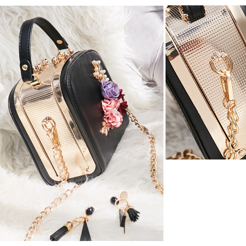 LYKANEFU Sacchetto Delle Donne con 3D Fiore Delle Donne Borse messaggero con Lunghi Casella catena di Metallo portafoto Borsa Catena Croce Corpo Della Borsa sacco a principale