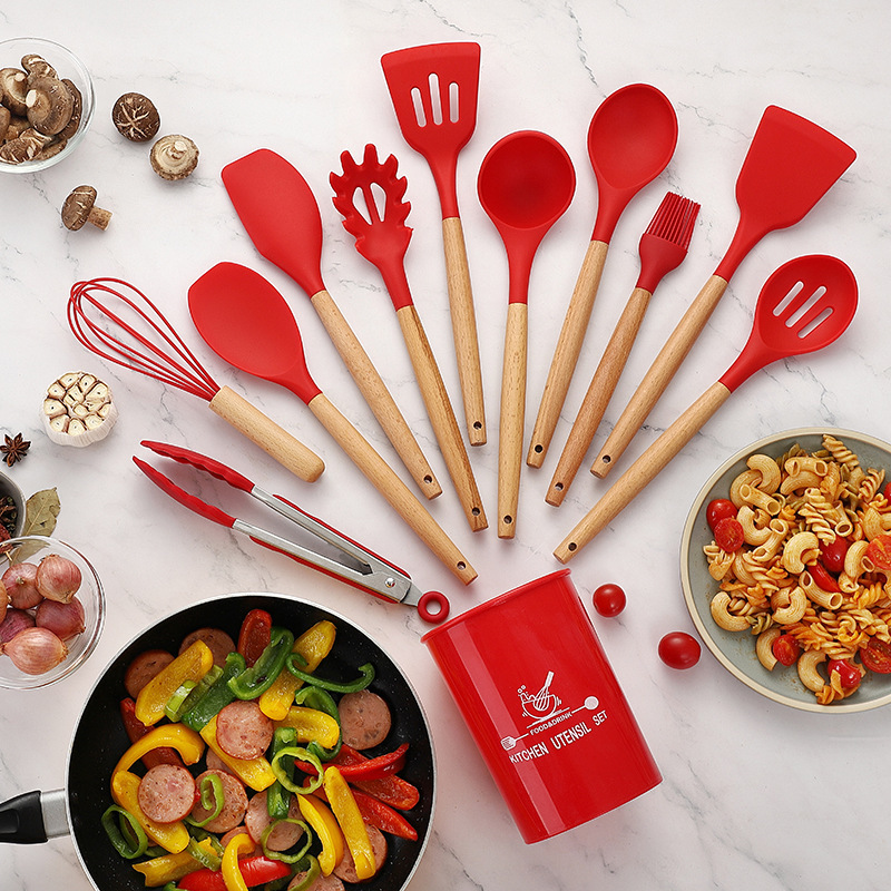 12 Stks/set Food Grade Siliconen Koken Gereedschap Keuken Non-stick Ei Kloppers Spatel Keukengerei Huishouden Houten Handvat Item: Red
