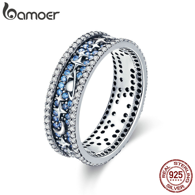 BAMOER Brede Zilveren Ringen voor Vrouwen Authentieke 925 Sterling Zilveren Bee Ster Blauwe Vinger Ring Vrouwelijke Fijne Sieraden Party Bijoux