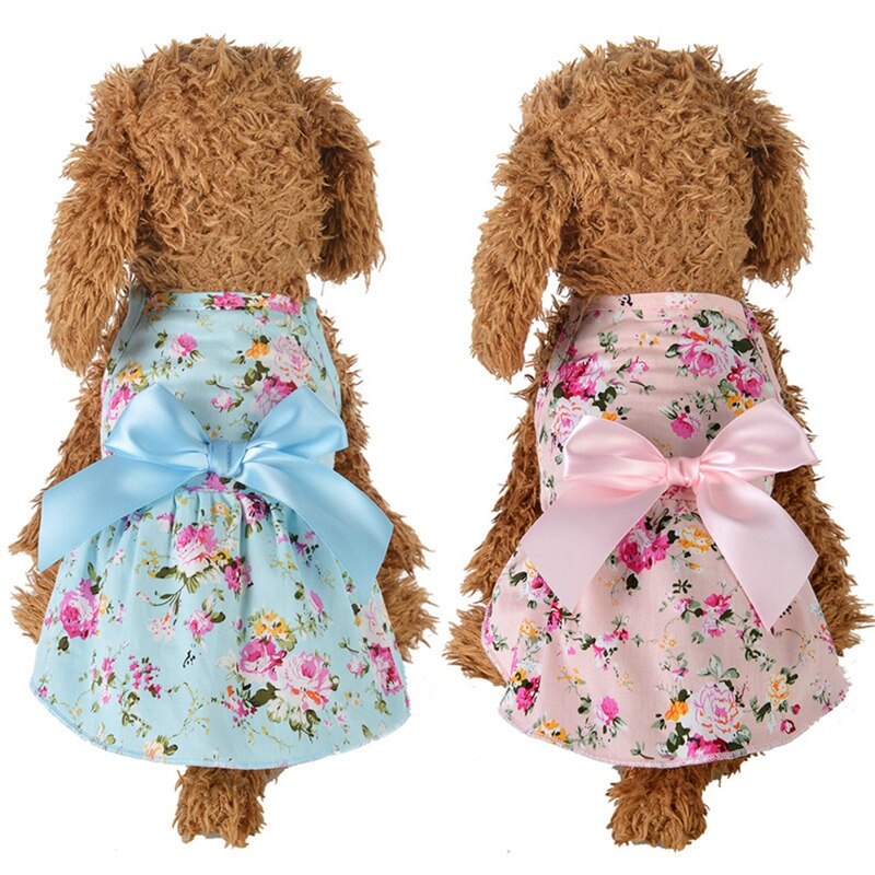 -Vestido de cão de verão de algodão azul estilingue cão saia bowknot camisa roupas de aniversário pequeno filhote de cachorro respirável vestido fresco para cães