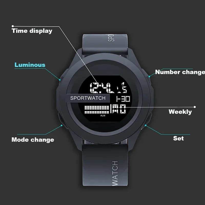 POSHI Sport Watch for Man Luxury Digital Wristwatch Stopwatch Luminous with Date Week Original Waterproof Clock