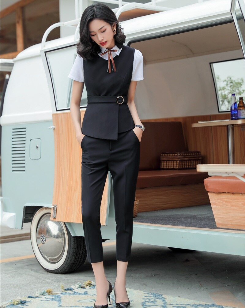 Formal Ladies Black Waistcoat &Vest Women Business Suits with Pant and Top Set Work Wear Office Uniform Styles: Black / XXXL