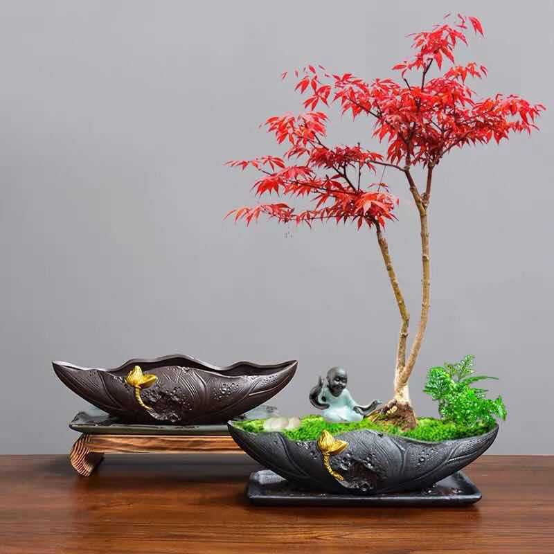 Desktop flower pot landscaping micro landscape bonsai pot ceramic painting gold black pottery pot bamboo planting pot