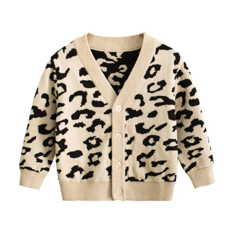 2019 di marca per bambini Del Bambino delle ragazze di Autunno Inverno cappotto di Leopardo manica lunga scollo a v Maglione di lavoro a maglia cappotto Khaki pulsante vestito caldo