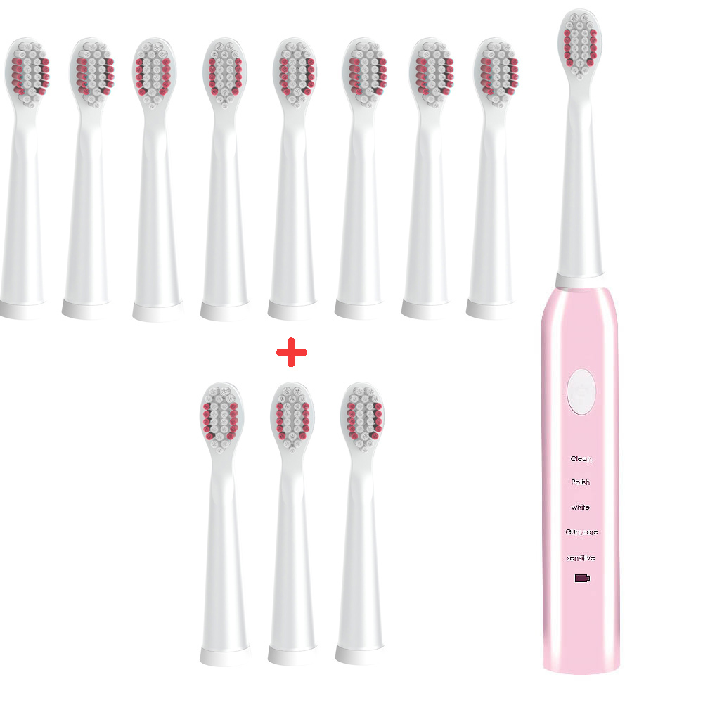 Brosse à dents électrique sonique puissante Ultra sonique USB Charge brosses à dents rechargeables brosse à dents de blanchiment électronique lavable: Pink-brushhead-12