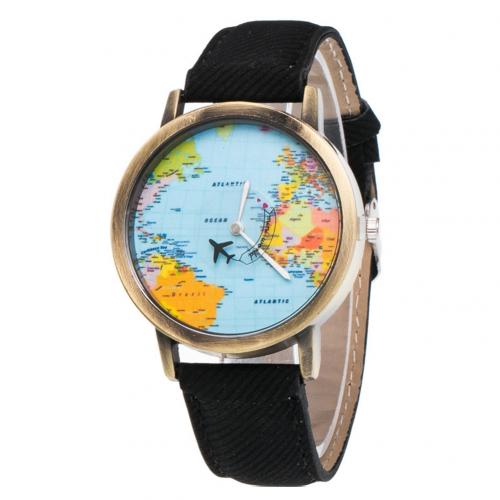 Reloj de cuarzo con correa de cuero de imitación para mujer, pulsera de hora con de mapa del mundo, esfera redonda, Retro Unisex: Negro