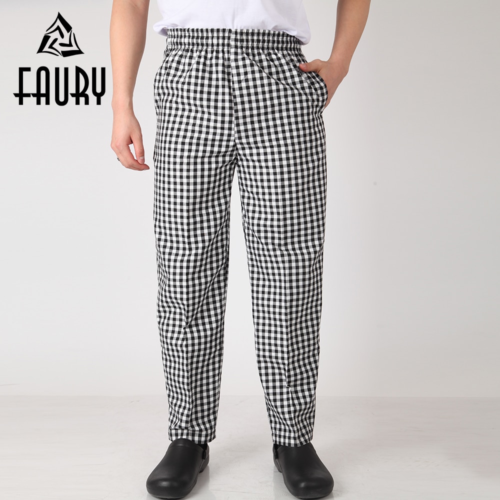Men Plaid Elastic Waist Restaurant Catering Food Service Kitchen Work Wear Cooking Uniform Long Business Suit Pants