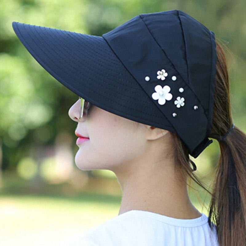 Sombrero de sol para mujer, gorra de playa con protección UV, visera informal Anti-UV, gorra plegable para exteriores: HT2088BK