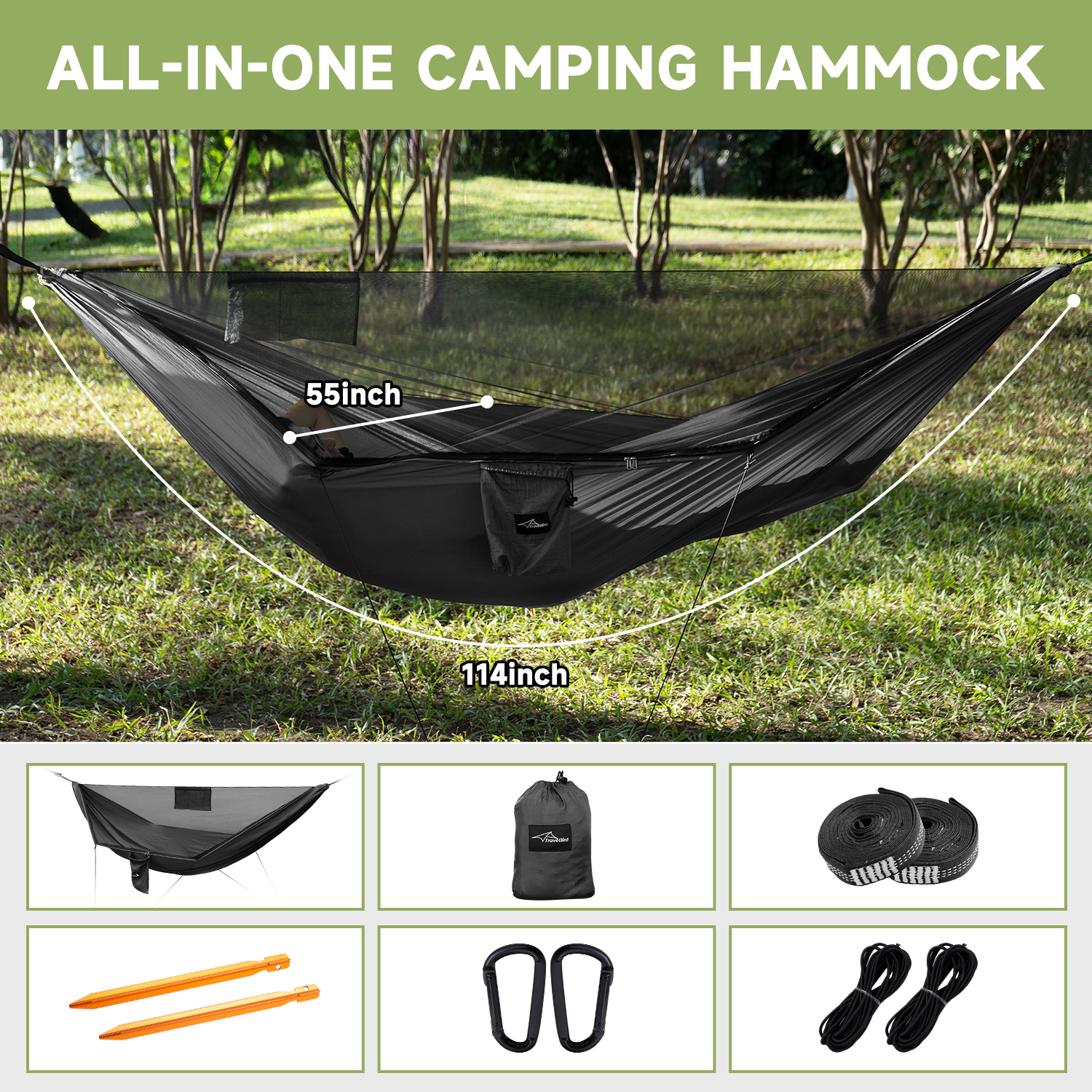 Ultraleichte Outdoor-Hängematte mit Ridgeline, Camping-Hängematte aus Nylon mit Baumgurt, ideal für Camping, Wandern, Rucksackreisen