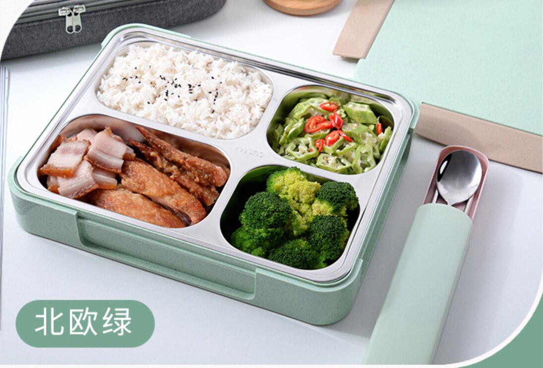 Bento Box 304 stainless steel insulated lunch box food container Capacity Office Worker Lunchbox Kids Heated Lunch Box: Grass green / 4