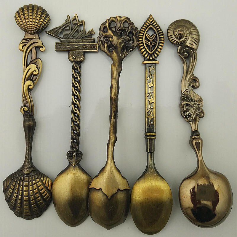 5 unids/set de cocina bar comedor estilo real clásico bronce tallado pequeña cuchara de café Mini cuchara de postre para aperitivos: bronze