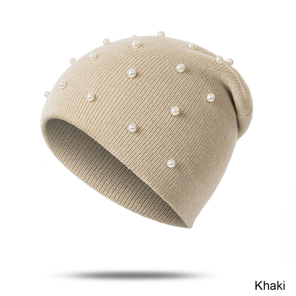 TRUENJOY-gorros de perlas para Otoño e Invierno para mujer, sombrero de punto con solidos y solidos, para sombreros invierno Mujer: khaki
