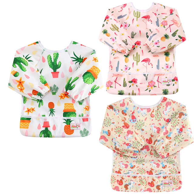 Ohbabyka bolsillo Baberos para comer bebé ducha impermeable manga larga alimentación de Bebé Ropa Unisex para niños 6-24Month 3 unids/pack: 223643