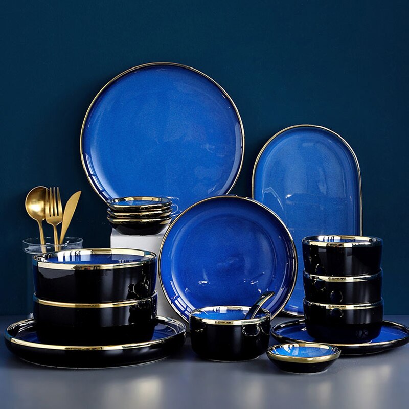 Service de vaisselle en céramique bleue, vaisselle de luxe, bordure dorée, porcelaine, assiettes, salade, nouilles, bol pour Restaurant